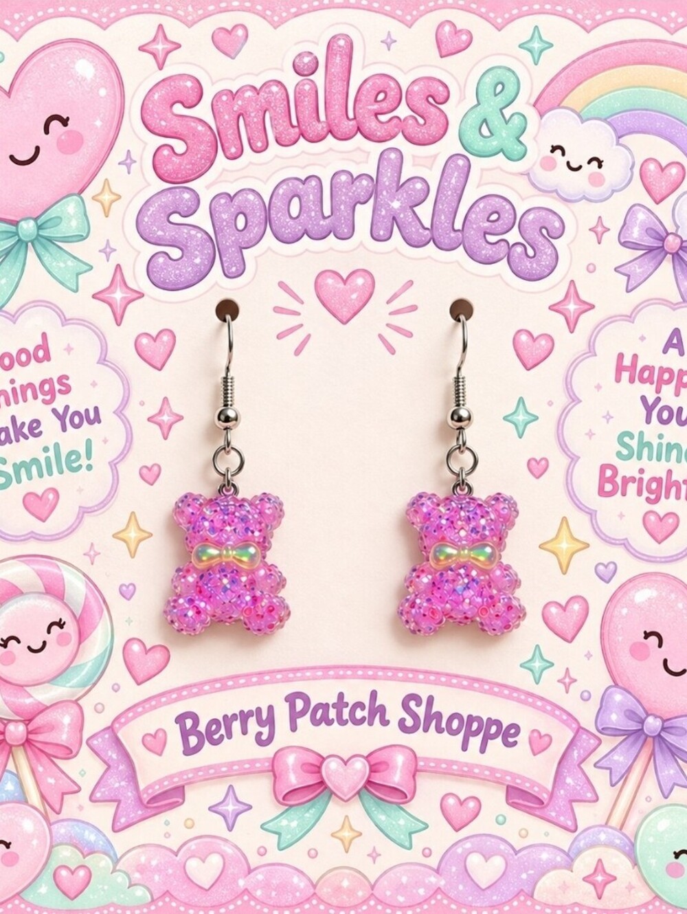 Kawaii Cute Sparkles Teddy Beary Sweet Sparkly Bow Hypoallergenic Earrings